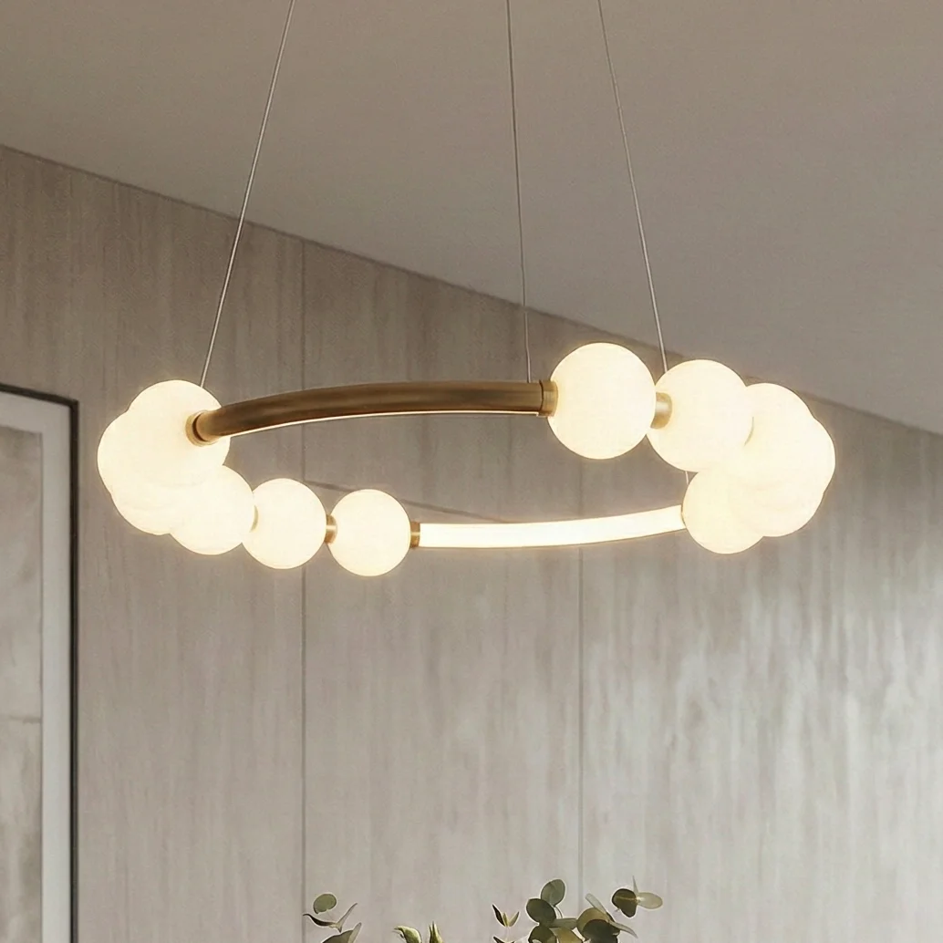 Златен LED полилей Aurelia — 12 акрилни сфери, кръгла рамка Ø60 см, 3 цветни температури
