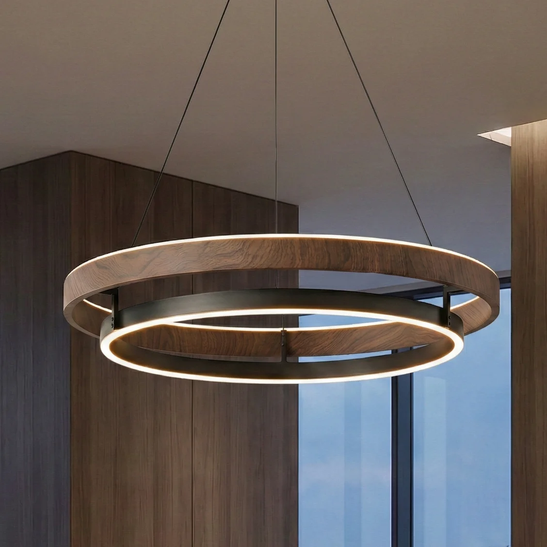 LED полилей Avelon — двоен концентричен пръстен черен + орех, Ø60/80 см, 36W/42W