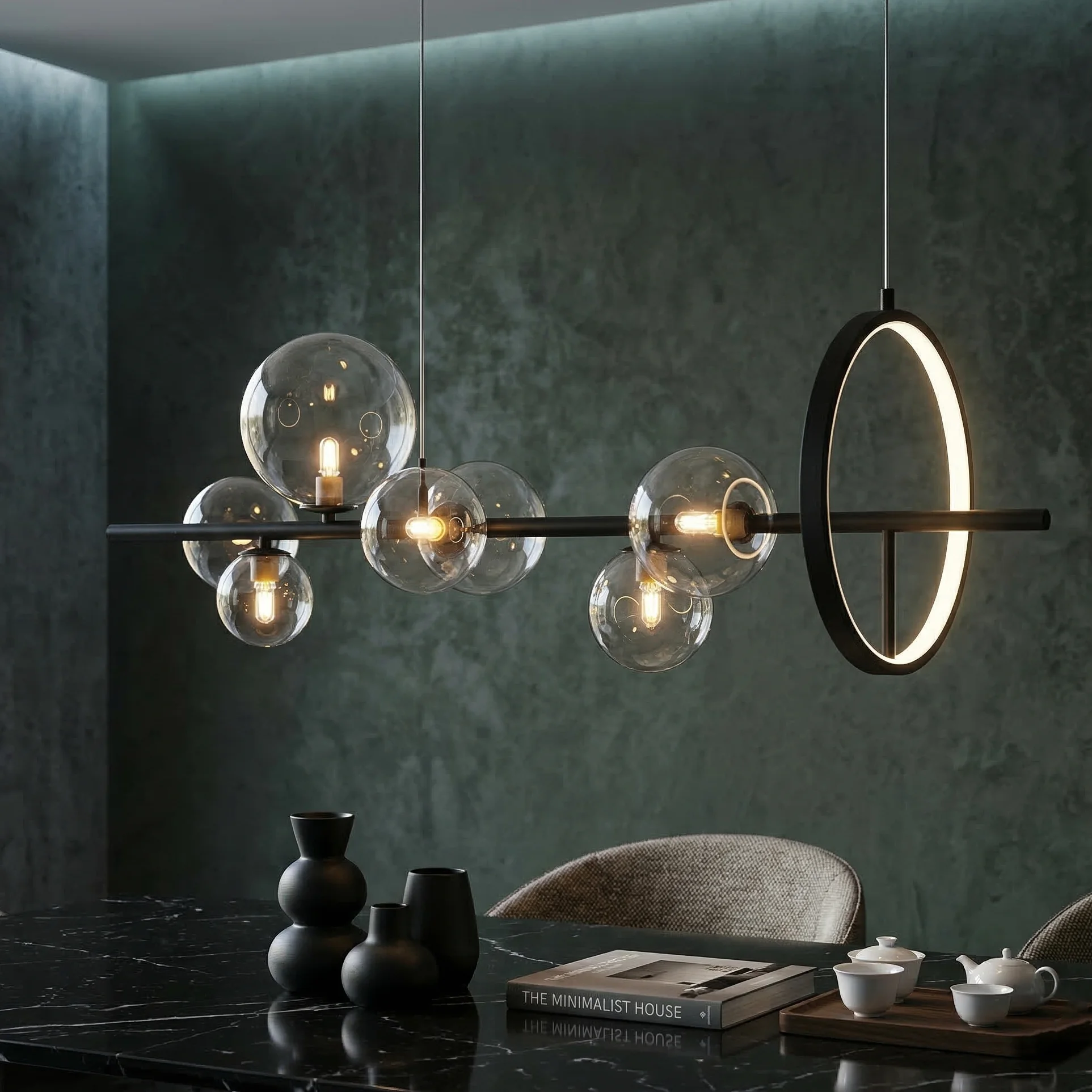 Дизайнерски полилей Stella 7 с LED контур и стъклени сфери