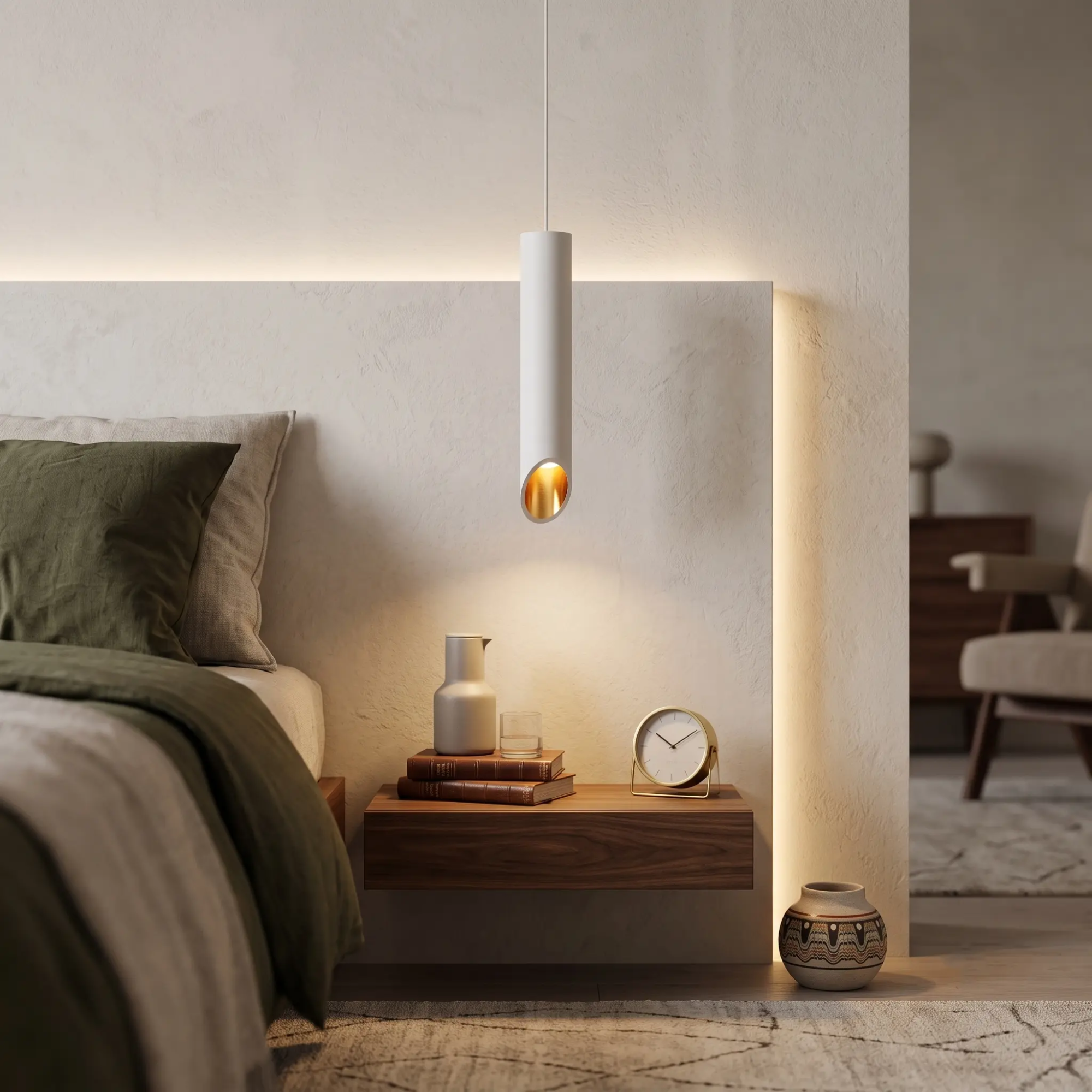 LED пендел Drop – бял цилиндричен корпус със златист рефлектор